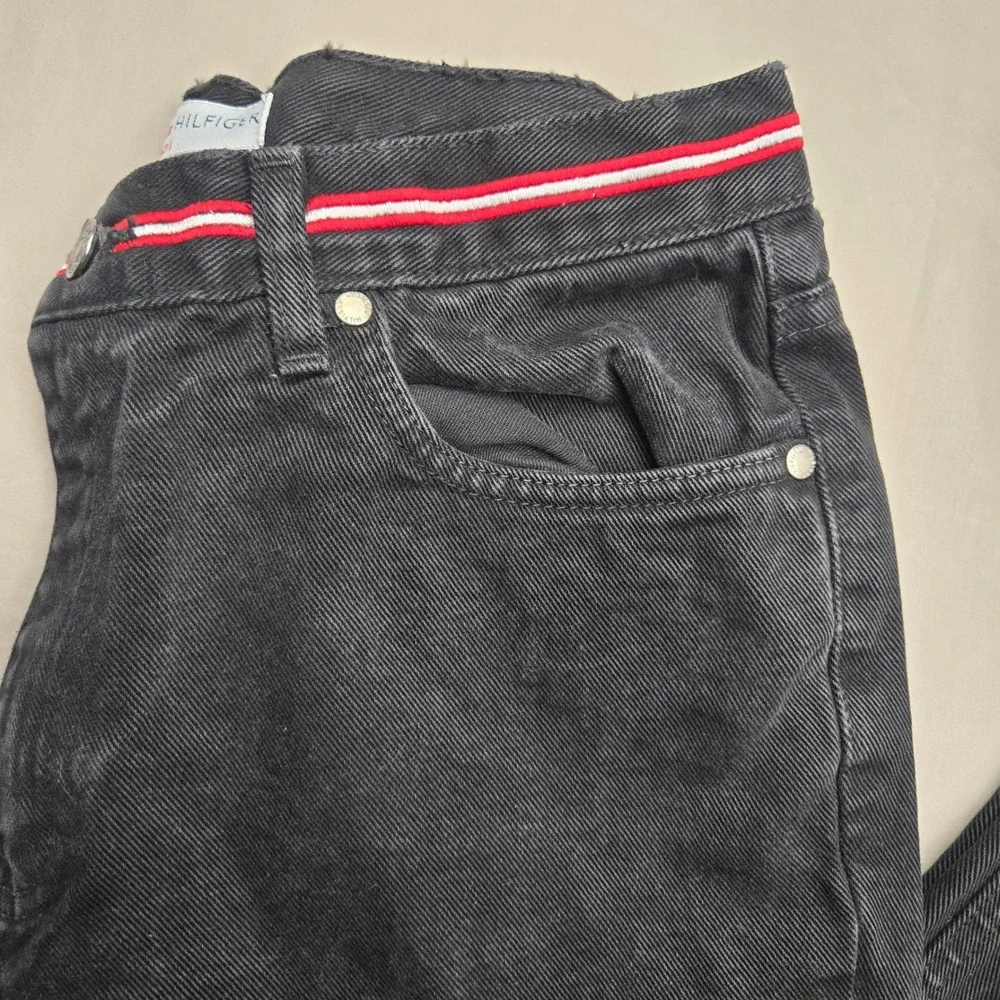 Tommy Hilfiger Jeans Womens Black Straight Leg Striped Waistband Denim High Rise